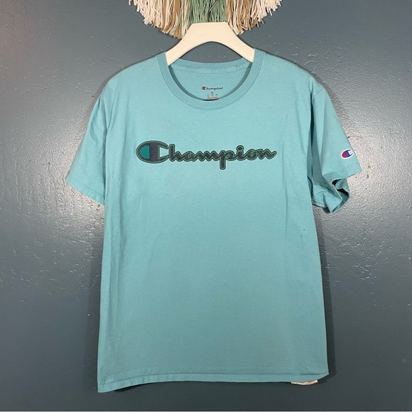 Champion Men’s Light Blue Logo Graphic Print Short Sleeve Crewneck Tee Size M - Picture 1 of 5